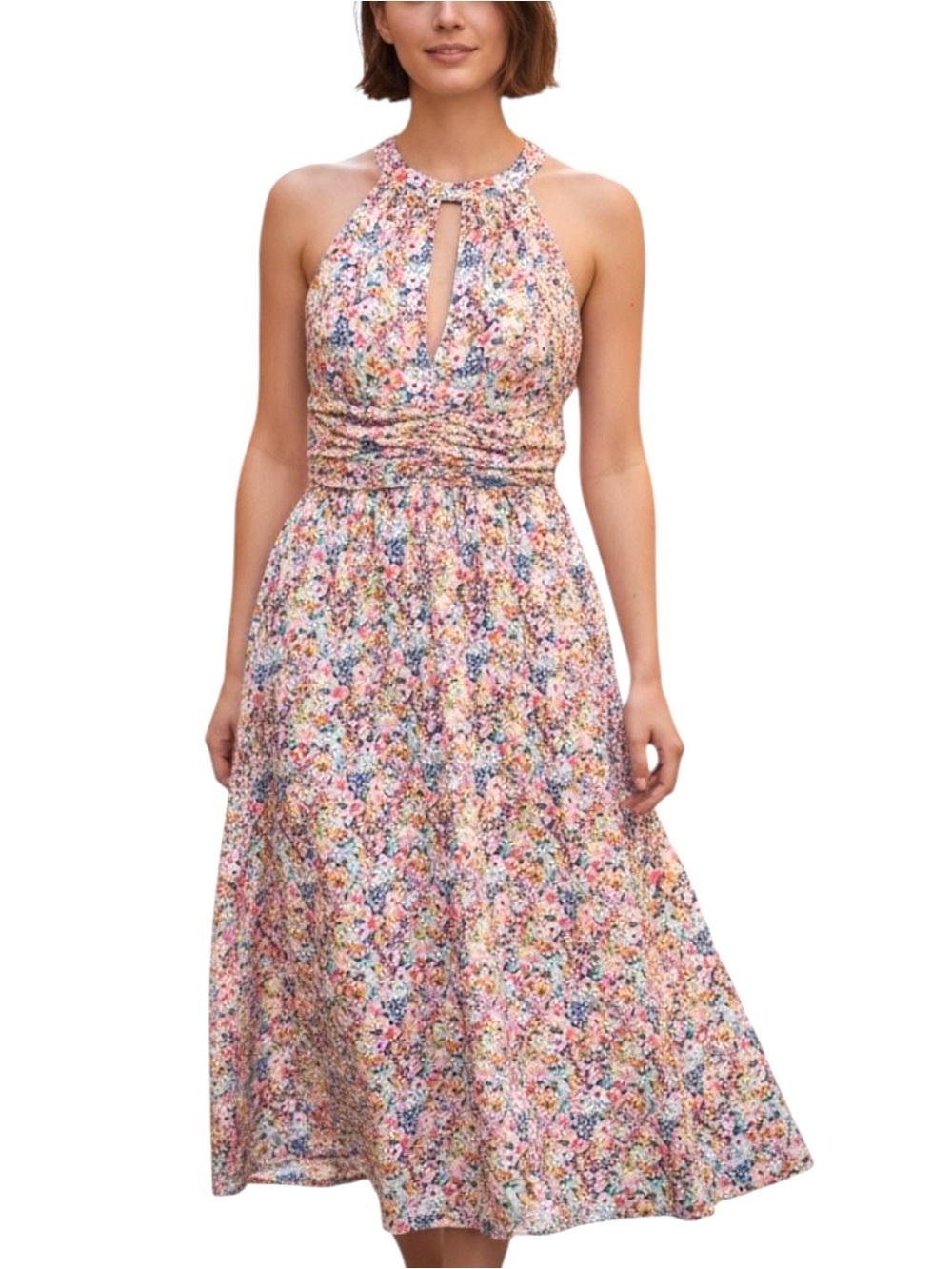 Anthropologie Pink Floral Cotton Atsu Halter Bow Back Midi Dress - Extra Small